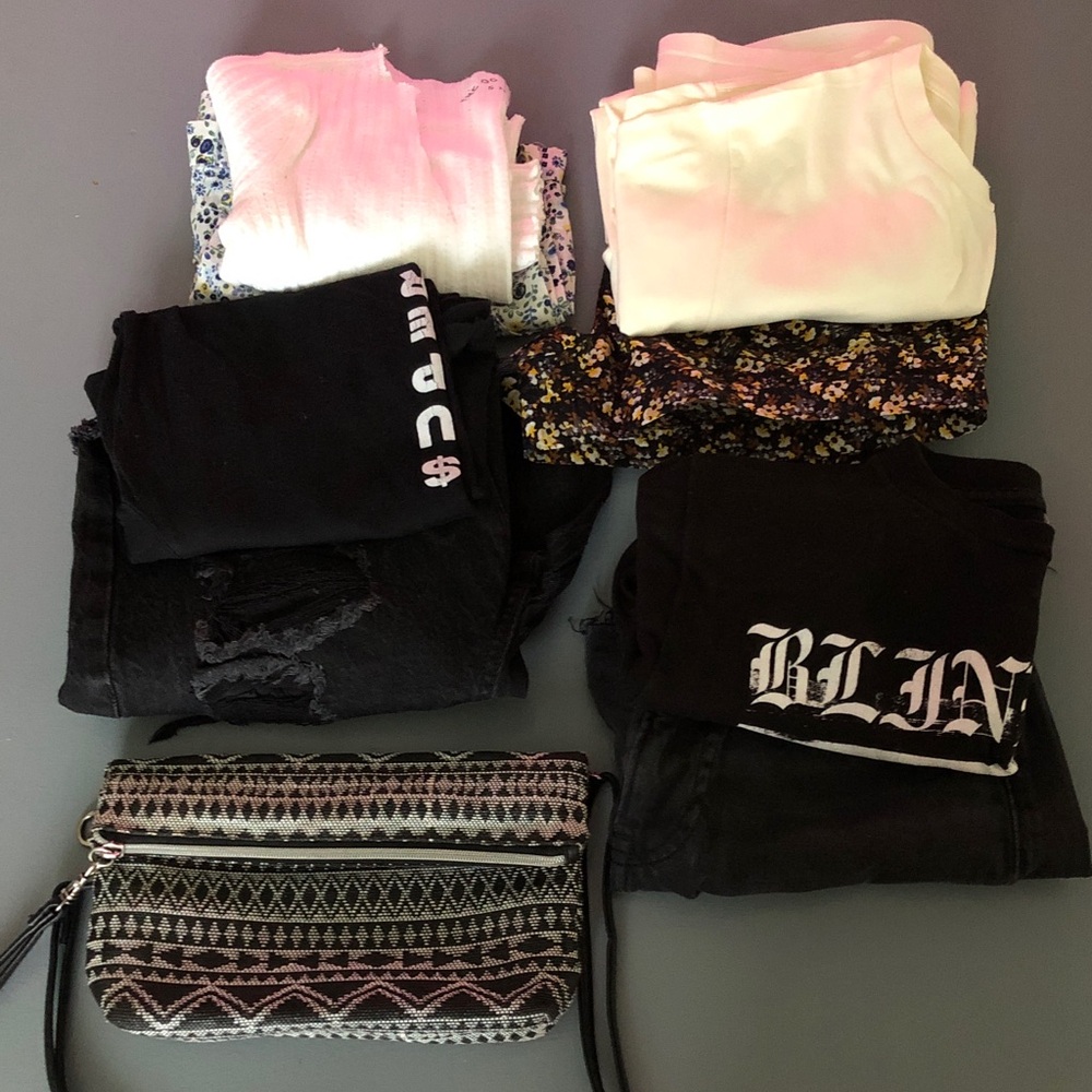 BUNDLED SUMMER SALE
9-Pieces Graphic Tops, and Distressed Shorts, Bag